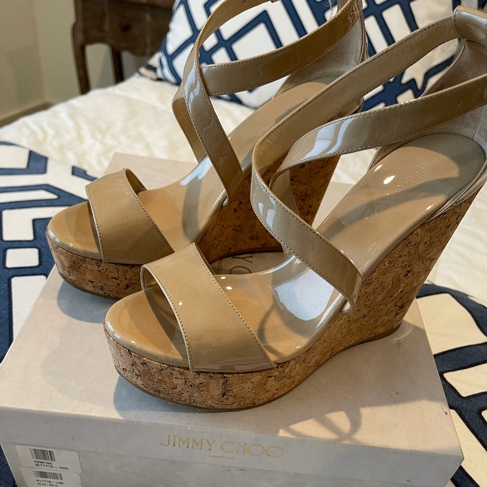 Jimmy Choo Portia 120 Wedge Sandals Patent Nude
